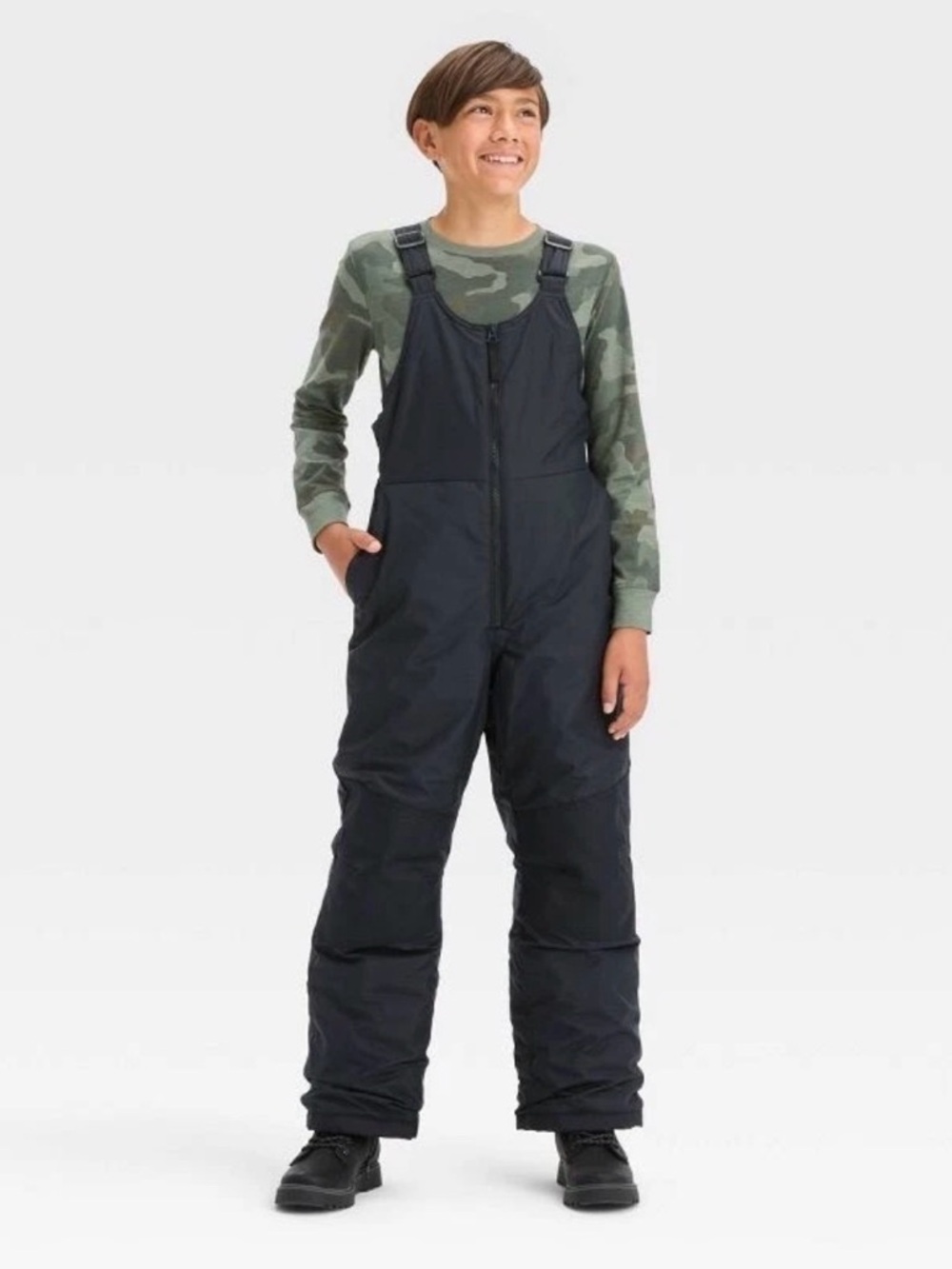 Kids black snow bib, All in Motion, size large 10-12, front zipper, pockets